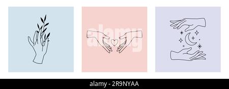 Vector set of female hand logos, icons in minimal linear style. Emblem design templates with hand gestures, plant, moon, stars and heart for cosmetics Stock Vector
