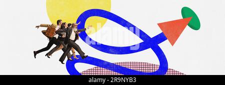 Active motivated men and women running towards the target. Contemporary art collage. Concept of teamwork, success, goals, career Stock Photo