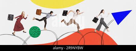 Active motivated men and women running towards the target. Contemporary art collage. Concept of teamwork, success, goals, career Stock Photo