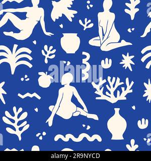 Vector seamless pattern with trendy aesthetic elements inspired by modern minimal cut out style. Geometric shapes, flowers, plants, female figures for Stock Vector