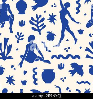 Vector seamless pattern with trendy aesthetic elements inspired by modern minimal cut out style. Geometric shapes, flowers, plants, female figures for Stock Vector