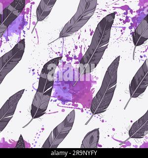 Vector seamless pattern with feathers and watercolor splashes Stock Vector