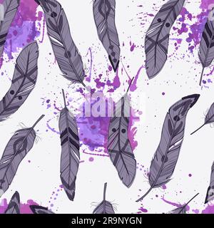 Vector seamless pattern with feathers and watercolor splashes Stock Vector