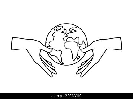 Vector linear icon - human hand holding Earth isolated on white background. Concept emblem or logo design of ecology, nature world protection, eco fri Stock Vector