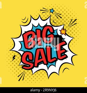 Vector colorful pop art illustration with big sale discount promotion. Decorative template with halftone background and bomb explosion in modern comic Stock Vector