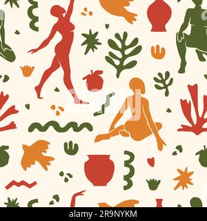 Vector seamless pattern with trendy aesthetic elements inspired by modern minimal cut out style. Geometric shapes, flowers, plants, female figures for Stock Vector