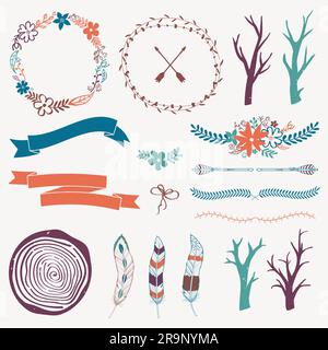 Vector decoration set with arrows, feathers, floral frames, borders, ribbons, branches. Modern romantic boho style. Templates for invitations, scrapbo Stock Vector