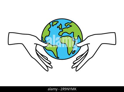 Vector linear icon - human hand holding Earth isolated on white background. Concept emblem or logo design of ecology, nature world protection, eco fri Stock Vector