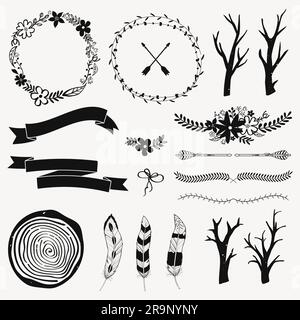 Vector monochrome decoration set with arrows, feathers, floral frames, borders, ribbons, branches. Modern romantic boho style. Templates for invitatio Stock Vector