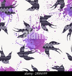 Vector seamless decorative ethnic pattern with swallows and watercolor splashes Stock Vector