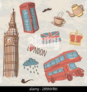 Vector colorful set of hand-drawn London symbols Stock Vector