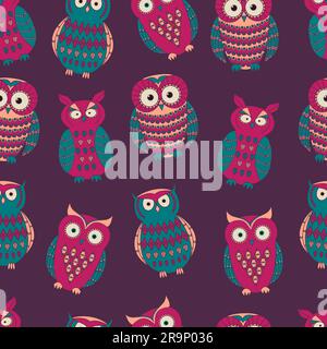 Vector colorful seamless pattern with cute different owls. Can be used for scrapbooking, textile design, packaging, greeting cards, background design. Stock Vector