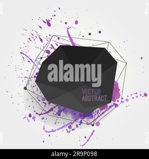 Vector abstract background with modern black crystal shape with lines, circles and watercolor splash. Can be used as label, bubble for website, infogr Stock Vector