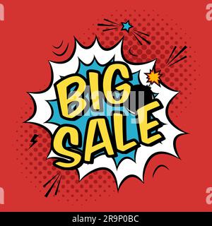 Vector colorful pop art illustration with big sale discount promotion. Decorative template with halftone background and bomb explosion in modern comic Stock Vector