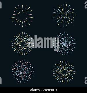 Vector set with colorful fireworks on dark background Stock Vector