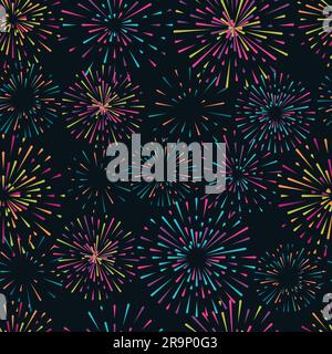 Vector seamless pattern with different colorful fireworks on dark background Stock Vector