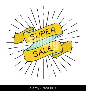 Vector Super Sale poster with ribbon and vintage light rays. Retro elements for banners, posters, gift cards, advertising and web Stock Vector