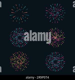 Vector set with colorful fireworks on dark background Stock Vector