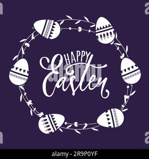 Vector Happy Easter illustration with decorative wreath and eggs. Greeting card with frame and floral elements. Stock Vector