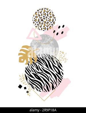 Vector trendy geometric background with marble stones, doodle textures, monstera leaf, animal zebra and leopard print. Geometrical shapes in minimal m Stock Vector