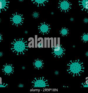 Vector Coronavirus COVID-19 seamless pattern. Repetitive illustration of green viruses on dark background. Bacteria Biology Organisms, 2019-nCoV, pand Stock Vector
