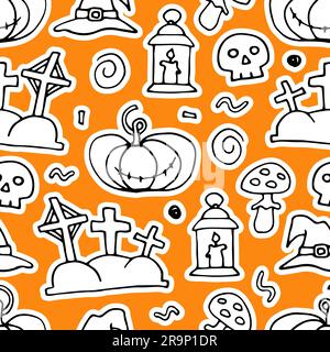 Doodle Halloween seamless pattern. Hand-drawn autumn pumpkin, grave, skull, witch hat on orange background. Cute scary horror sticker for fall holiday Stock Vector