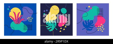 Vector modern cards with tropical jungle leaves, plants, various geometrical shapes. Abstract contemporary trendy backgrounds with various elements an Stock Vector