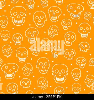 Doodle Halloween sculls seamless pattern. Outline Skeleton on orange background. Hand-drawn scary cranium. Mystical sketch character. Vector illustrat Stock Vector