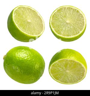 Lime on a white isolated background. Lime halves of different sizes from different sides close-up. Suitable for advertising banner. Stock Photo