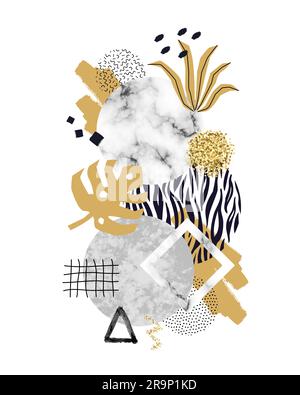 Vector trendy geometric background with marble stones, doodle textures, monstera leaf, animal zebra print. Geometrical shapes in minimal modern style Stock Vector
