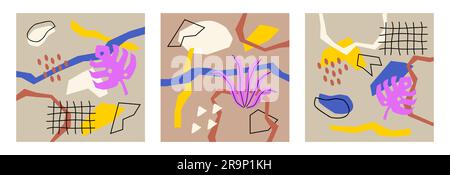 Vector modern cards with tropical jungle leaves, plants, various geometrical shapes. Abstract contemporary trendy backgrounds with various elements an Stock Vector