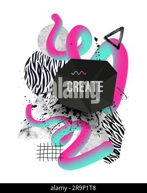 Vector trendy geometric background with marble stones, doodle textures, fluid shapes, animal zebra print. Geometrical shapes in minimal modern style w Stock Vector