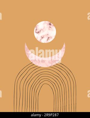 Vector trendy illustration of printable card with boho mid century stones and marble textured shapes of moon, planets. Abstract contemporary aesthetic Stock Vector