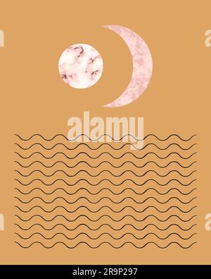 Vector trendy illustration of printable card with boho mid century stones and marble textured shapes of moon, planets. Abstract contemporary aesthetic Stock Vector