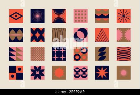Vector set of abstract colorful minimalistic patchwork geometric elements. Contemporary simple various zigzag shapes, curves, lines, triangles, circle Stock Vector