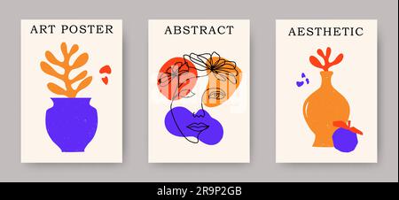 Vector set of abstract posters of trendy line art woman face with flower coral compositions. Aesthetic creative floral illustrations and art posters f Stock Vector
