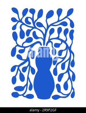 Vector trendy poster with flower and plant composition in minimalistic aesthetic style. Floral flat cut out simple illustration with leaves for print, Stock Vector