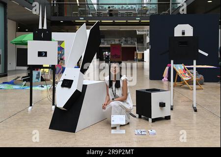 London, UK. 28th June, 2023. 'Harmony between man and nature' Keer Zhang is from China. Keer Zhang studio currently focuses on Chinese Taoist animal conservation forms of art showcases at the CSM Shows: Postgraduate Art, Central Saint Martins, 1 Granary Square, London, UK. Credit: See Li/Picture Capital/Alamy Live News Stock Photo