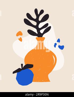Vector trendy poster of pot with flower coral and apple in minimalistic aesthetic style. Floral flat Matisse inspired cut out simple illustration for Stock Vector