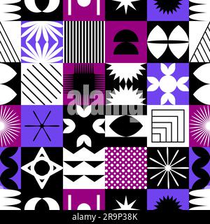 Vector seamless pattern with abstract colorful minimalistic patchwork geometric elements. Contemporary simple various shapes, curves, lines, zigzag. P Stock Vector