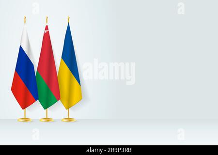 Flags of Russia, Belarus and Ukraine stand in row on indoor flagpole.  Vector illustration. Stock Vector