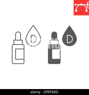 Vitamins drops D3 line and glyph icon, supplements and health, vitamin D3 in drops vector icon, vector graphics, editable stroke outline sign, eps 10. Stock Vector