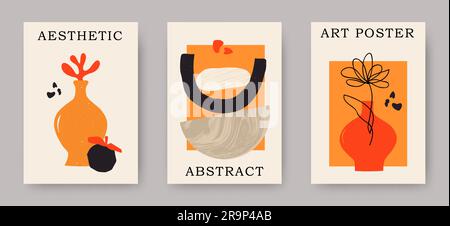 Vector set of abstract blossom flower posters. Trendy minimalistic aesthetic botanical wall arts with floral plants, leafs in hippie and Matisse moder Stock Vector