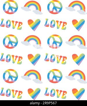 Vector seamless pattern of groovy lgbt elements isolated on white background Stock Vector