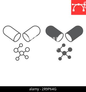 Amino acids line and glyph icon, supplements and vitamins, capsule with bcaa vector icon, vector graphics, editable stroke outline sign, eps 10. Stock Vector