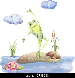 Funny frog dancing on the lawn. Watercolor children's illustration. Cartoon. Stock Vector