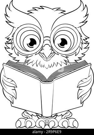 Wise Old Owl Cartoon Cute Character Reading Book Stock Vector