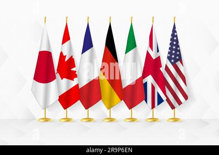 Members of G7 flags on flag stand, set of vector flag of Japan, Canada, France, Germany, Italy, United Kingdom, United States. Stock Vector