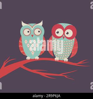 Vector illustration of two cute colorful owls sitting on a branch Stock Vector