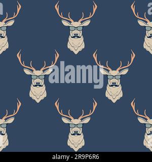Vector seamless pattern with hipster deer wearing mustaches and glasses Stock Vector